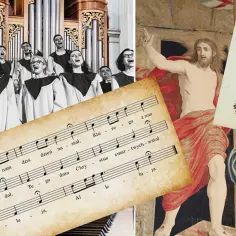 Chór śpiewa pieśń o tym, że Chrystus zmartwychwstał, obok nut i obrazu Zmartwychwstania.