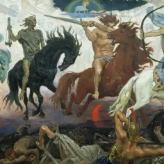 Czterej jeźdźcy apokalipsy galopują przez niebo. Jeden z nich, śmierć, dosiada bladego konia. Kolejny, wojna, dzierży miecz. Dalej widać głód i zarazę.