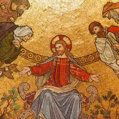 Chrystus z wyciągniętymi ramionami, otoczony ludźmi. Tomasz, choć niewierny, w końcu widzi i wierzy.