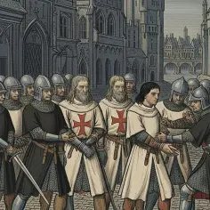 Rycerze templariusze w białych płaszczach z krzyżami i zbrojach, w tle średniowieczne miasto.