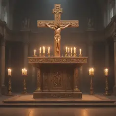 Wnętrze kościoła z ołtarzem, krucyfiksem i płonącymi świecami. Atmosfera sprzyja modlitwie i ablucji.