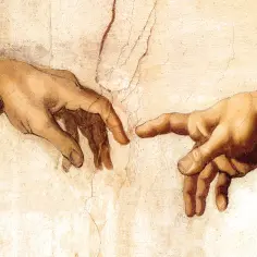 Boska dłoń niemal dotyka palca Adama, symbolizując stworzenie życia.