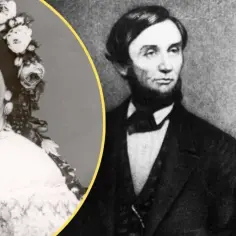 Portret Mary Todd Lincoln, żony Abrahama, w kwiecistej ozdobie głowy i eleganckiej sukni. Obok niej Abraham Lincoln z żoną.