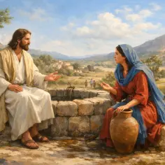 Jezus rozmawia z samarytanką przy studni Jakubowej. Kobieta ma przy sobie dzban.