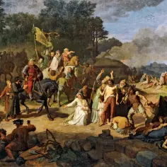 Scena przedstawia skutki chrztu Polski: Mieszko I na koniu, ludność w strojach pogańskich i chrześcijańskich, budynki, chaos i przemoc.
