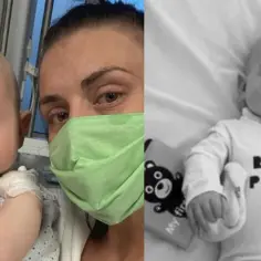 Dziecko, trzeci syn Jakuba i Lei, w szpitalnym łóżeczku. Obok matka w maseczce i książeczka z misiem.