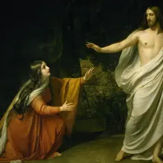 Maria Magdalena klęczy przed zmartwychwstałym Chrystusem, prorokiem, który wyciąga do niej rękę.