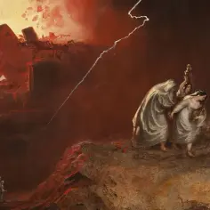 Ucieczka z płonącego miasta, symbolizującego upadek Sodomy. Rodzina w bieli, niosąc cenne przedmioty, schodzi po zboczu, podczas gdy błyskawica przecina mroczne niebo.