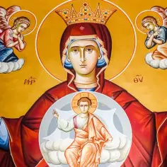Ikona Matki Bożej z Dzieciątkiem, otoczona aniołami i symbolami, jak w akatyst.