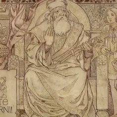 Starzec Dagome Iudex siedzi na tronie, otoczony przez dzieci. W tle krzyż i wazon z kwiatami. Napis "BUĎTE SVORNÍ!".
