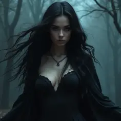 Mroczna Lilith, niczym z biblijnych legend, w czarnej sukni i z rozwianymi włosami, stoi w mglistym lesie.