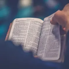Podział ksiąg biblijnych. Otwarta Biblia, ręka przewracająca strony.