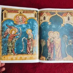Ilustracje z biblia pauperum: anioł zwiastuje Marii, a potem dwie kobiety w objęciach.