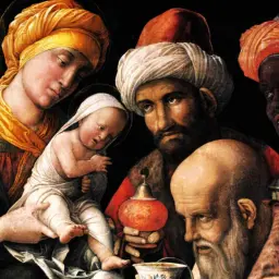 Trzej królowie oddają hołd Dzieciątku Jezus. Obok Maryi i Dzieciątka stoją mędrcy w barwnych strojach i turbanach, niosąc dary.