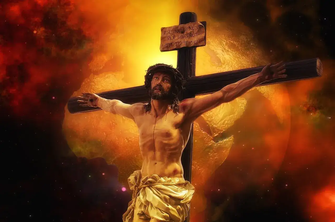 Chrystus na krzyżu, w koronie cierniowej, z krwawiącymi ranami. Tło kosmiczne, pełne ognistych mgławic. Wzmianka o psalm 138.
