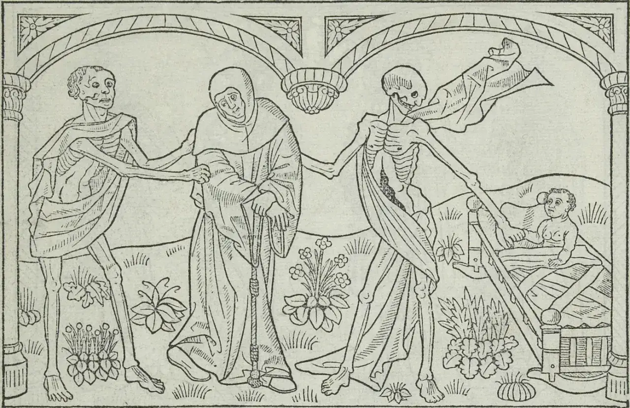 Szkielety wiodą do tańca mnicha i dziecko. To mroczny obraz danse macabre, przypominający o nieuchronności śmierci.
