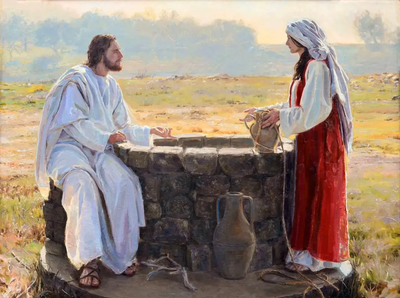 Jezus rozmawia z samarytanką przy studni. Ona trzyma dzban, on siedzi.