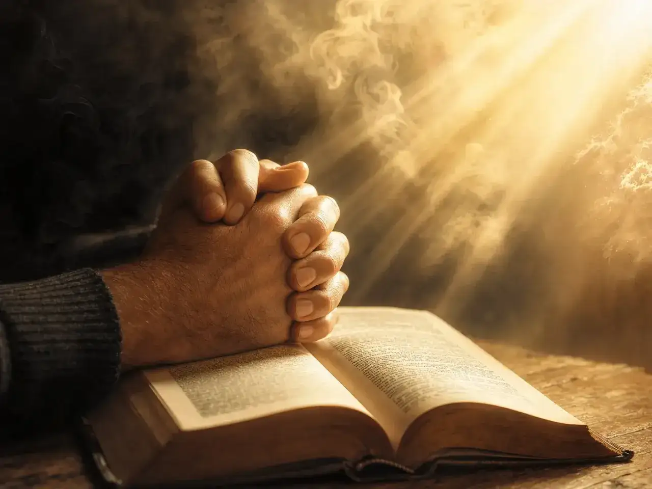 Dłonie złożone w modlitwie nad otwartą Biblią, promienie światła przebijające się przez dym. W sercu psalm 10.