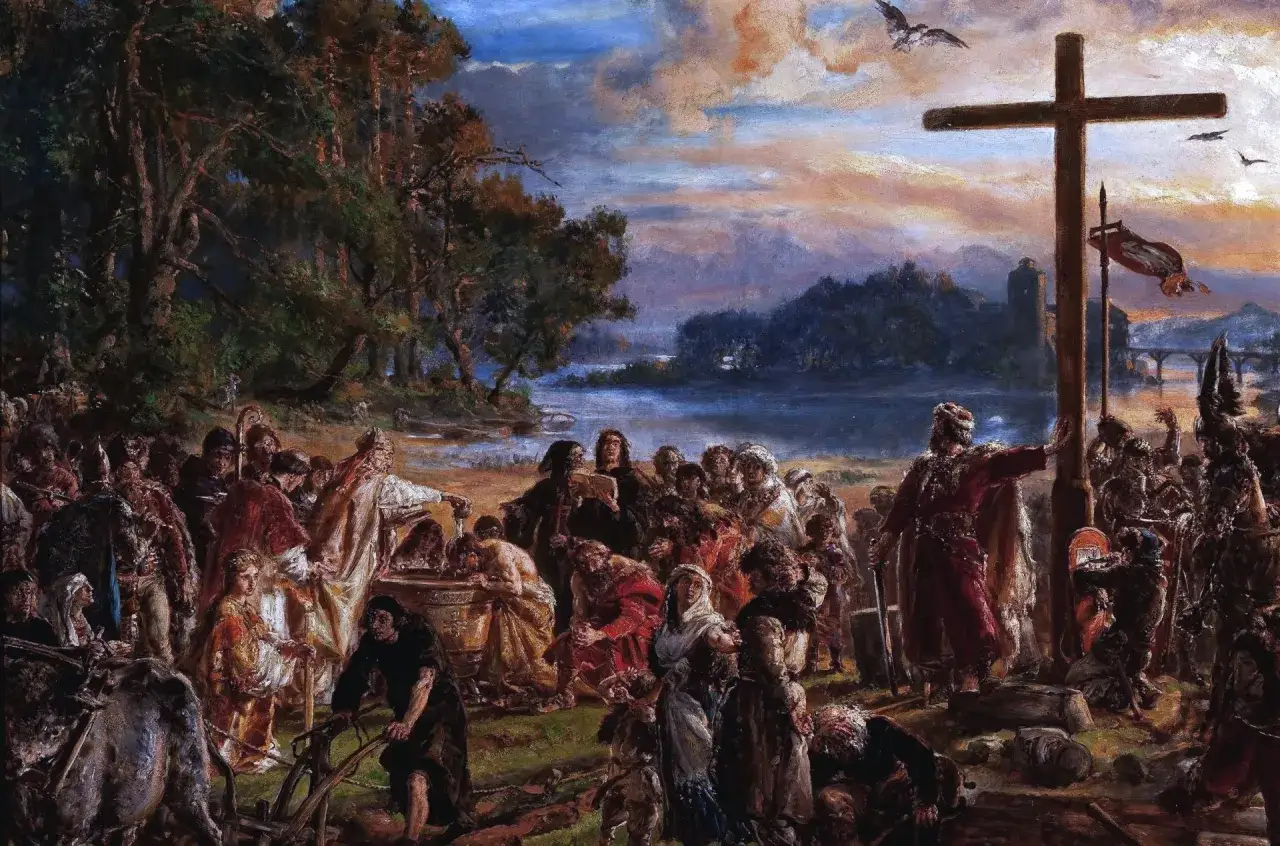 Scena chrztu Mieszka I, symbolizująca skutki chrztu Polski. Ludzie gromadzą się wokół krzyża i kadzi, przyjmując nową wiarę.