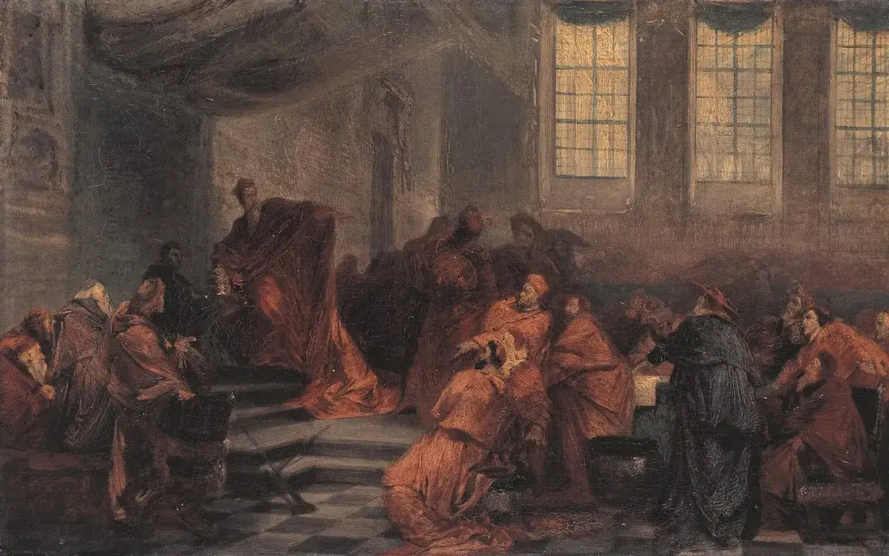 Grupa kardynałów w purpurowych szatach zbiera się w ciemnym pomieszczeniu, by wybrać papieża.