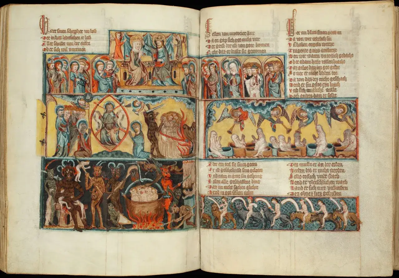 Ilustracje z średniowiecznego manuskryptu, ukazujące sceny biblijne i piekielne. Widać tu anioły, świętych, demony i potępionych, przypominające wizje z czasów świętej inkwizycji.