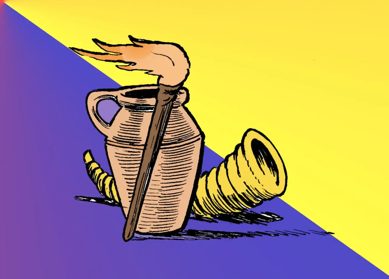 Gideon, z dzbanem, pochodnią i rogiem, symbolizuje odwagę i zwycięstwo nad przeważającymi siłami.