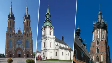 Trzy kościoły: bazylika z dwiema wieżami, biały kościół z zieloną kopułą i wieża z cegły. Kto to kanonik? Duchowny, który pomaga w zarządzaniu diecezją.