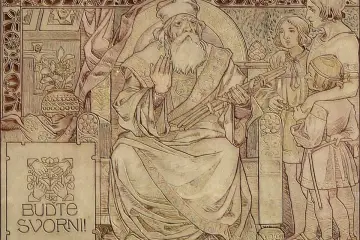 Starzec Dagome Iudex siedzi na tronie, otoczony przez dzieci. W tle krzyż i wazon z kwiatami. Napis "BUĎTE SVORNÍ!".