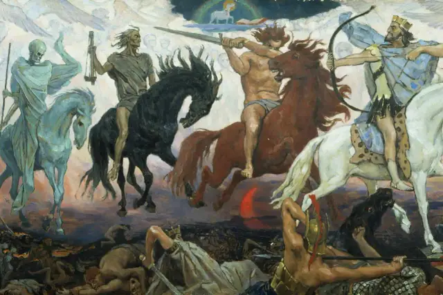 Czterej jeźdźcy apokalipsy galopują przez niebo. Jeden z nich, śmierć, dosiada bladego konia. Kolejny, wojna, dzierży miecz. Dalej widać głód i zarazę.