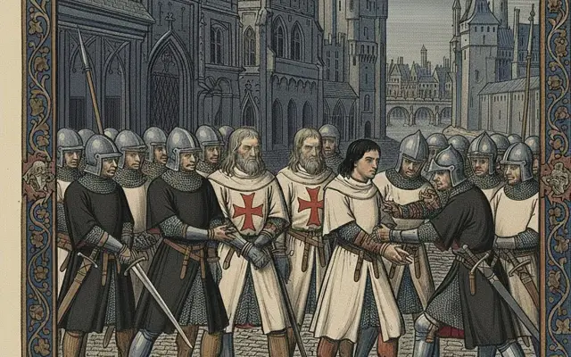 Rycerze templariusze w białych płaszczach z krzyżami i zbrojach, w tle średniowieczne miasto.