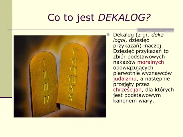 Kamienne tablice z wyrytymi rzymskimi cyframi, symbolizujące 10 przykazań Bożych.