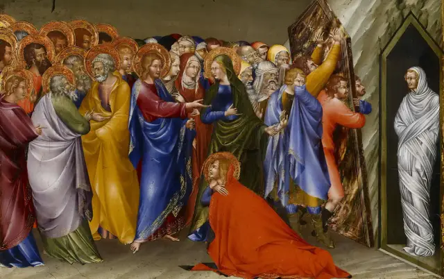 Scena wskrzeszenia Łazarza. Jezus z tłumem ludzi przy grobie, z którego wychodzi odziany w białe szaty Łazarz.
