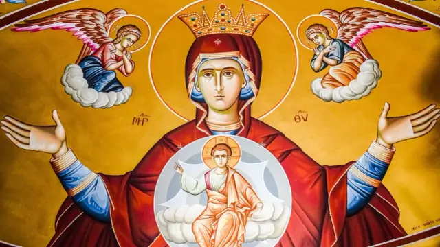 Ikona Matki Bożej z Dzieciątkiem, otoczona aniołami i symbolami, jak w akatyst.