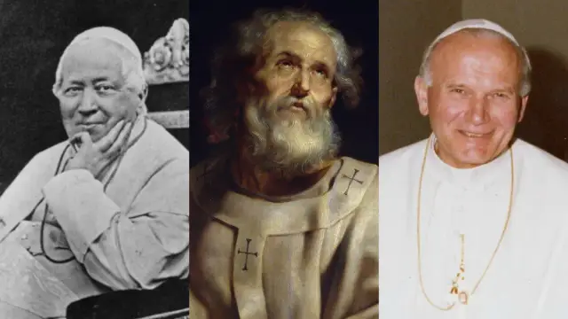 Trzech papieży: Pius X, św. Piotr i Jan Paweł II. Ikony pontyfikatów XX wieku.
